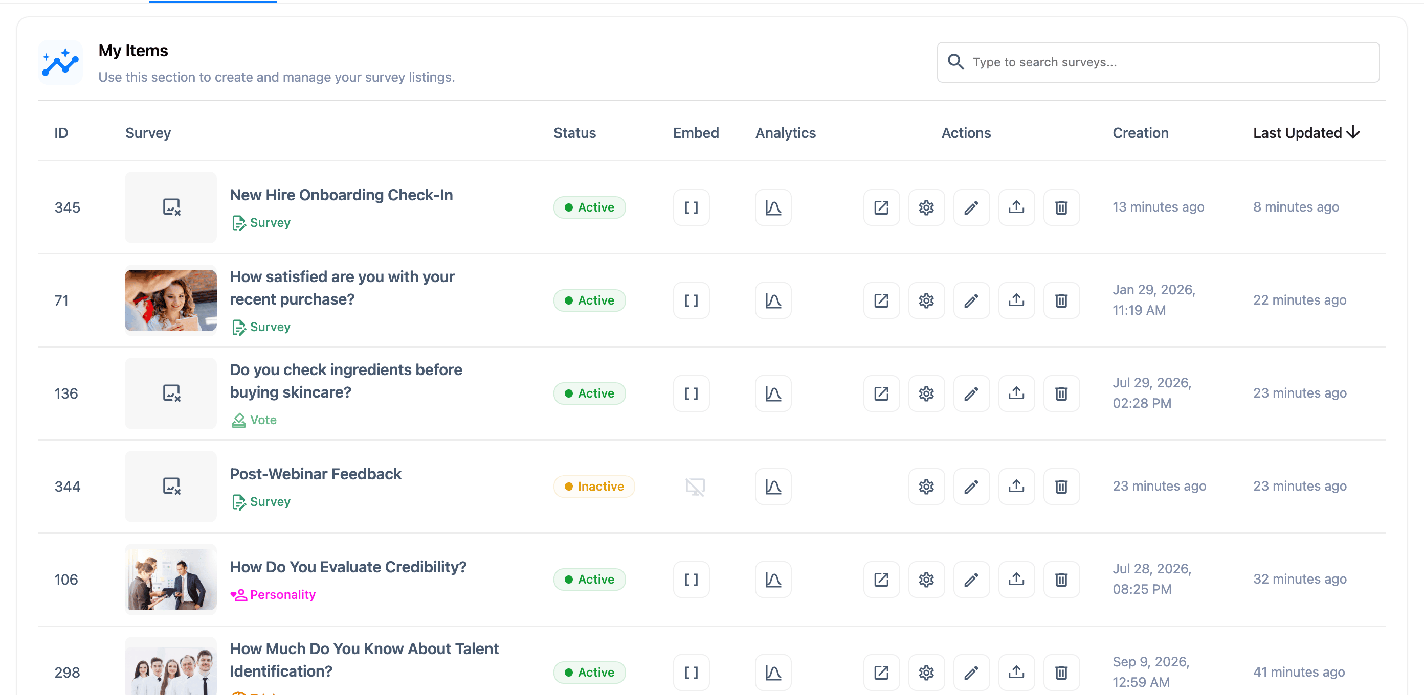 The survey list table with its eight columns - ID, Survey, Status, Embed, Analytics, Actions, Creation and Last Updated - showing Active and Inactive rows and the greyed-out Embed icon an Inactive survey gets