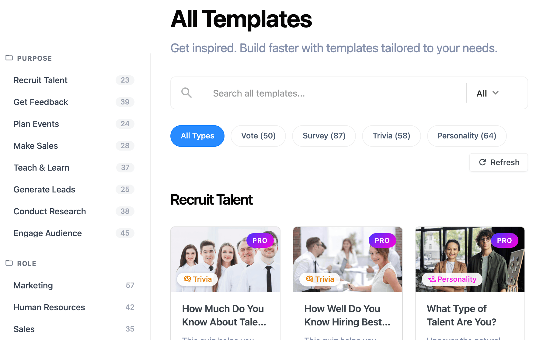 The template library with the goal/role/topic sidebar filters and the search, type and version filters
