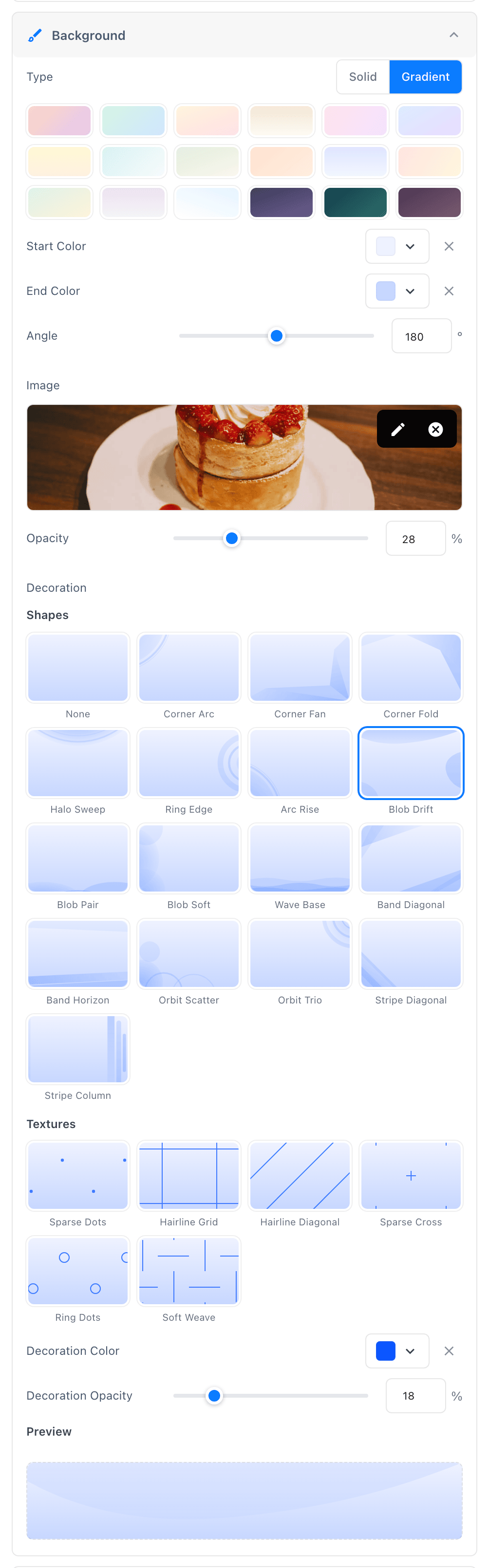 The Background section of the custom theme editor with a gradient, an uploaded image and a decoration all set, showing the live Preview swatch — which combines the gradient and the decoration but not the image