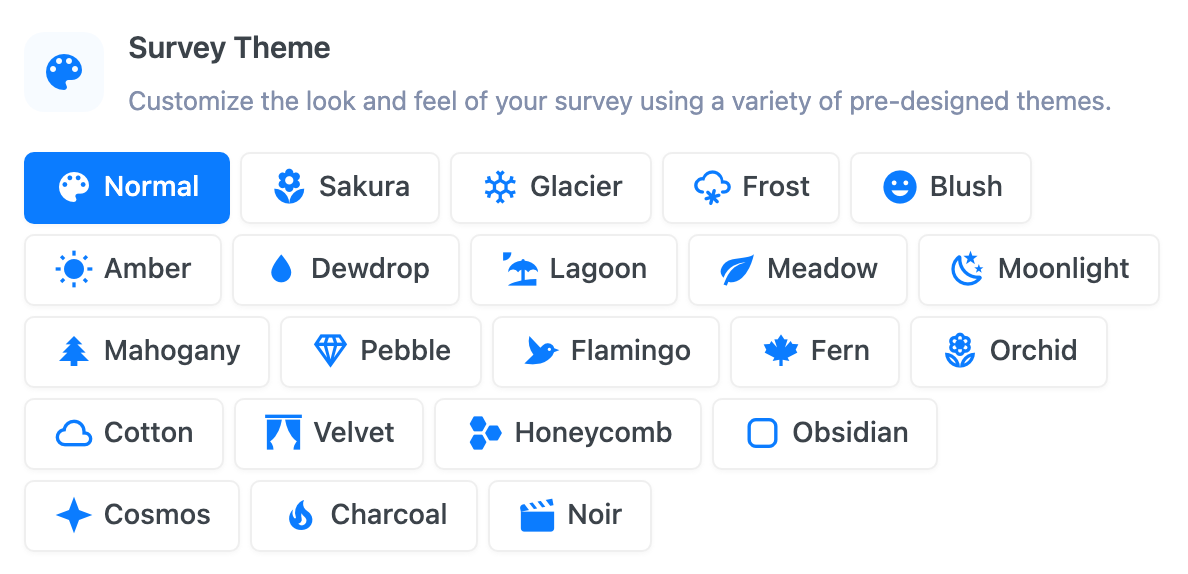 The Survey Theme picker on a survey's General tab, showing the 22 built-in themes as named chips with Normal selected