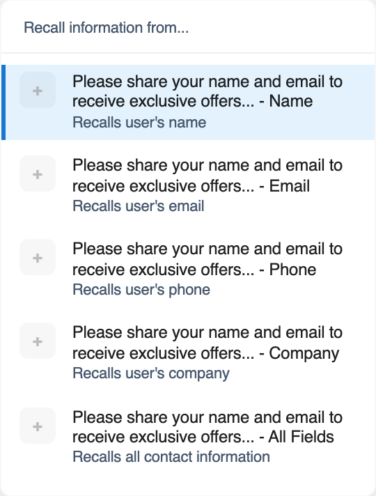 The @ mention list in the Closing description, filtered to one Contact Info question and showing its five recall options - Name, Email, Phone, Company and All Fields