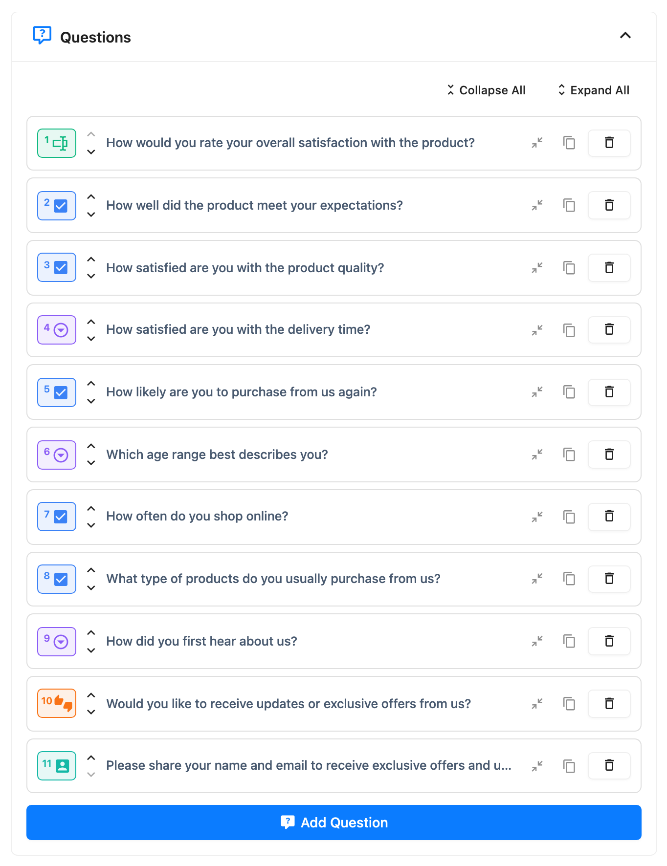 The Pro question list with add, drag-to-reorder, clone and delete controls