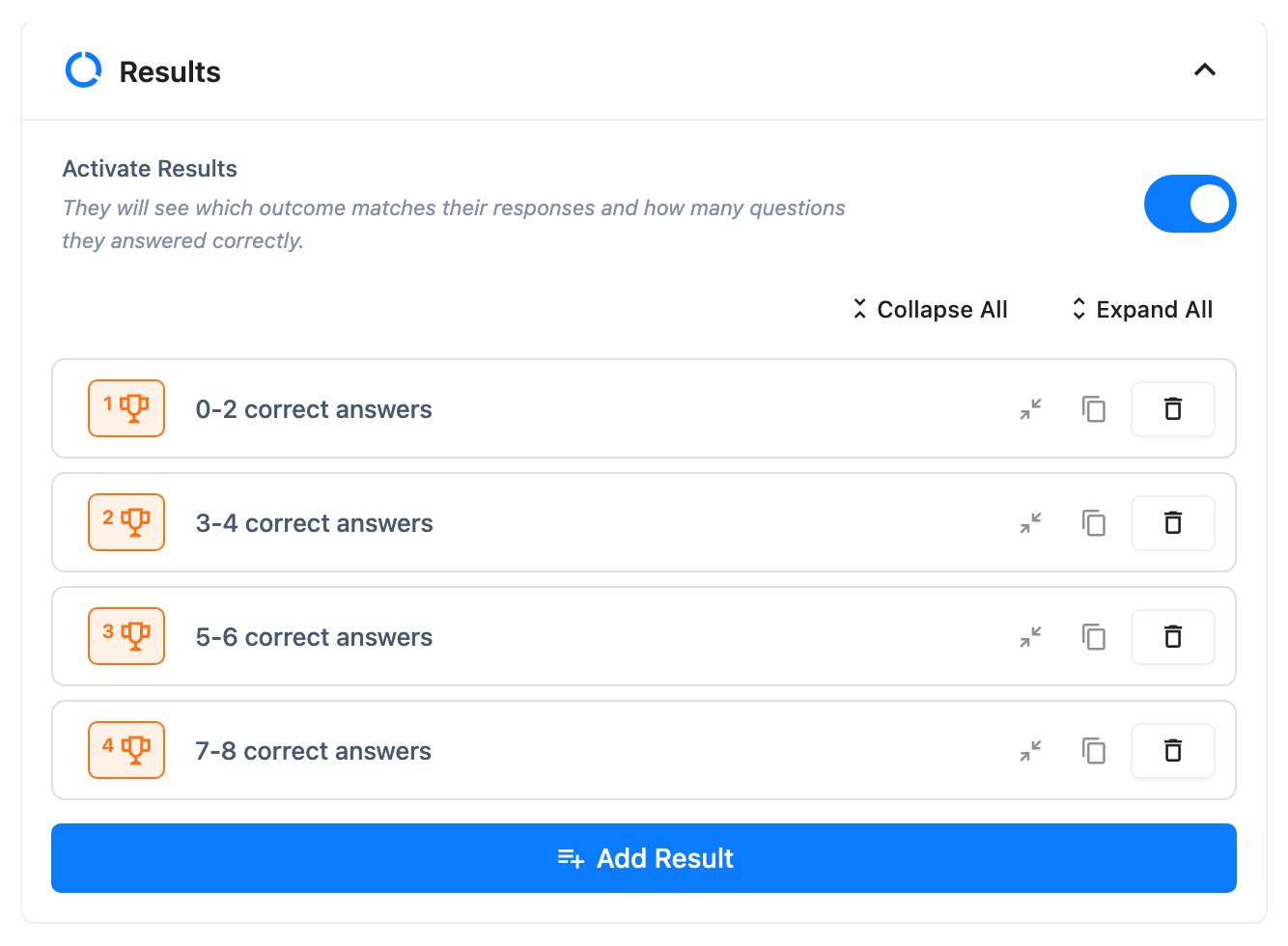 The Results section listing score bands or personality result weights
