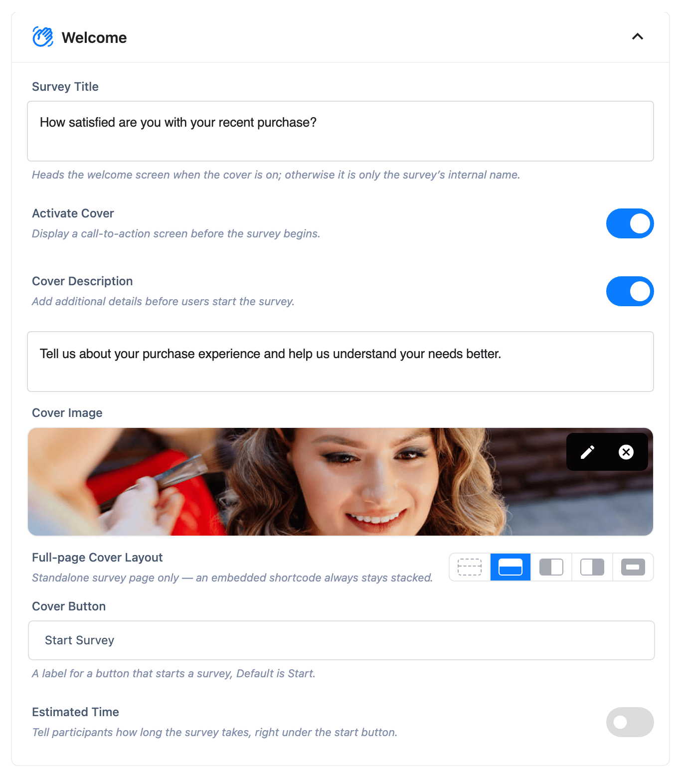 The Welcome section with the title, cover layout switch, image, description toggle and estimated time fields