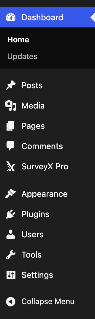 The WordPress admin sidebar showing the SurveyX Pro menu item after activation