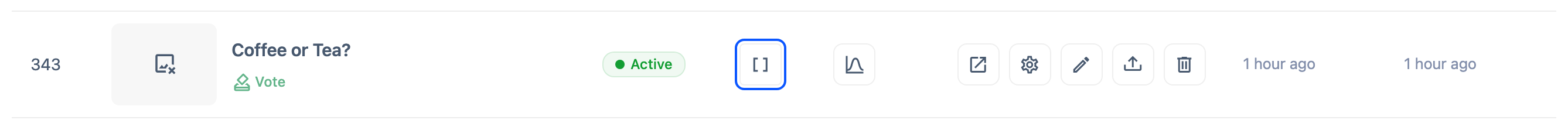 The dashboard survey list's Embed column, showing the shortcode-copy icon