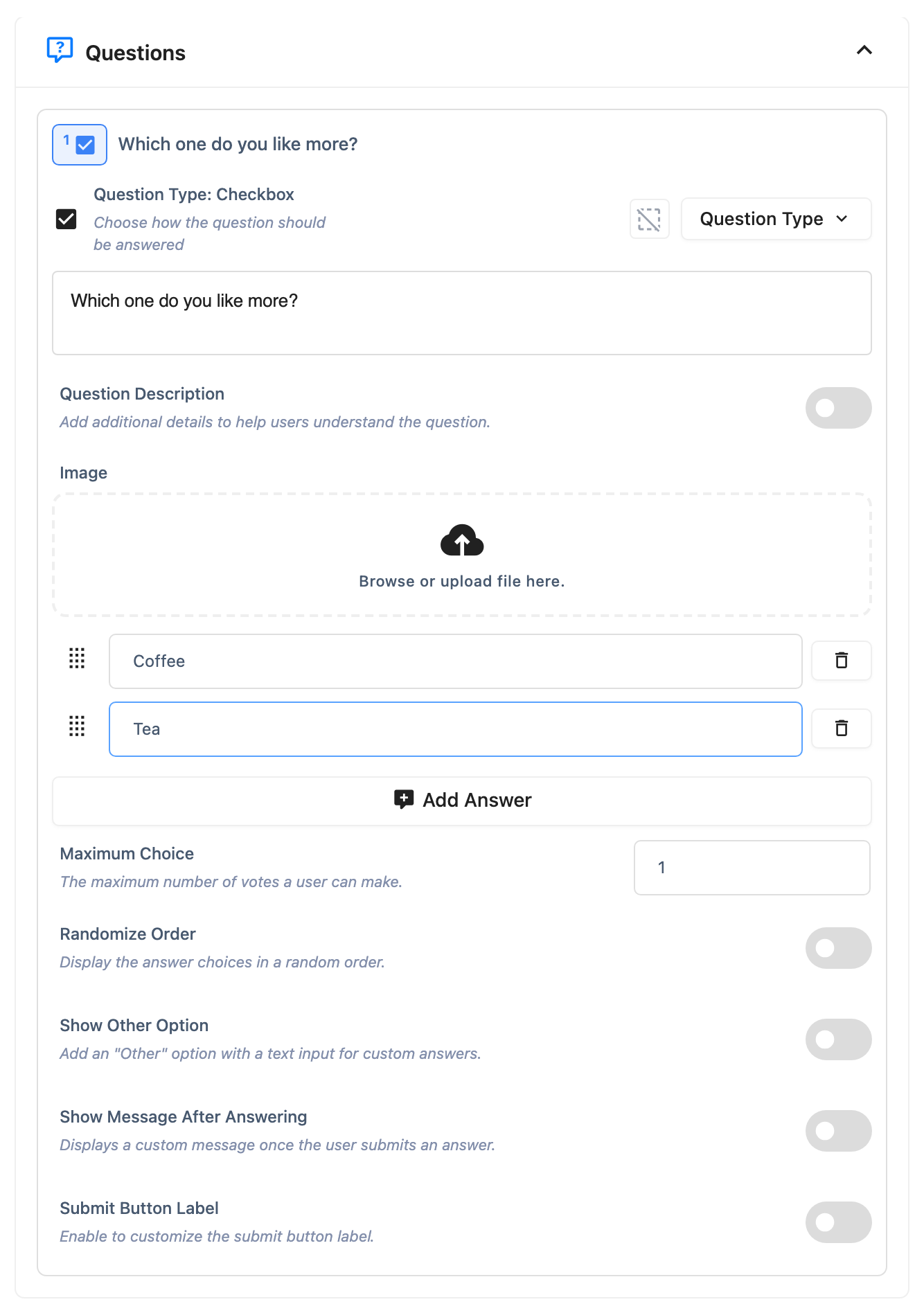 The Questions section with a filled-in question title and two answer options, before clicking Save
