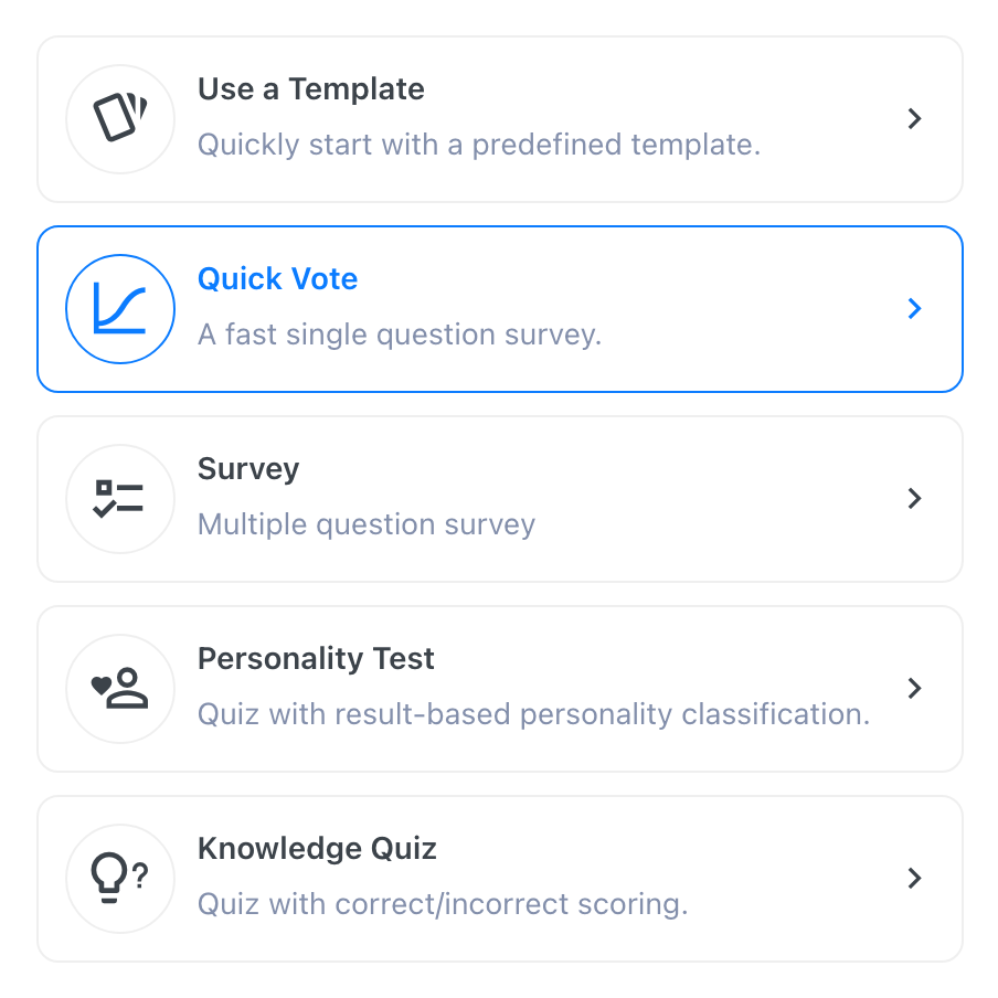 The Add New Survey wizard's first step, listing Use a Template above the four survey types - Quick Vote, Survey, Personality Test and Knowledge Quiz - with Quick Vote highlighted
