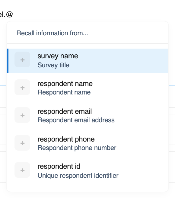 The notification Message field with "@" typed, showing the autocomplete dropdown listing the five merge values: survey name, respondent name, respondent email, respondent phone, and respondent id