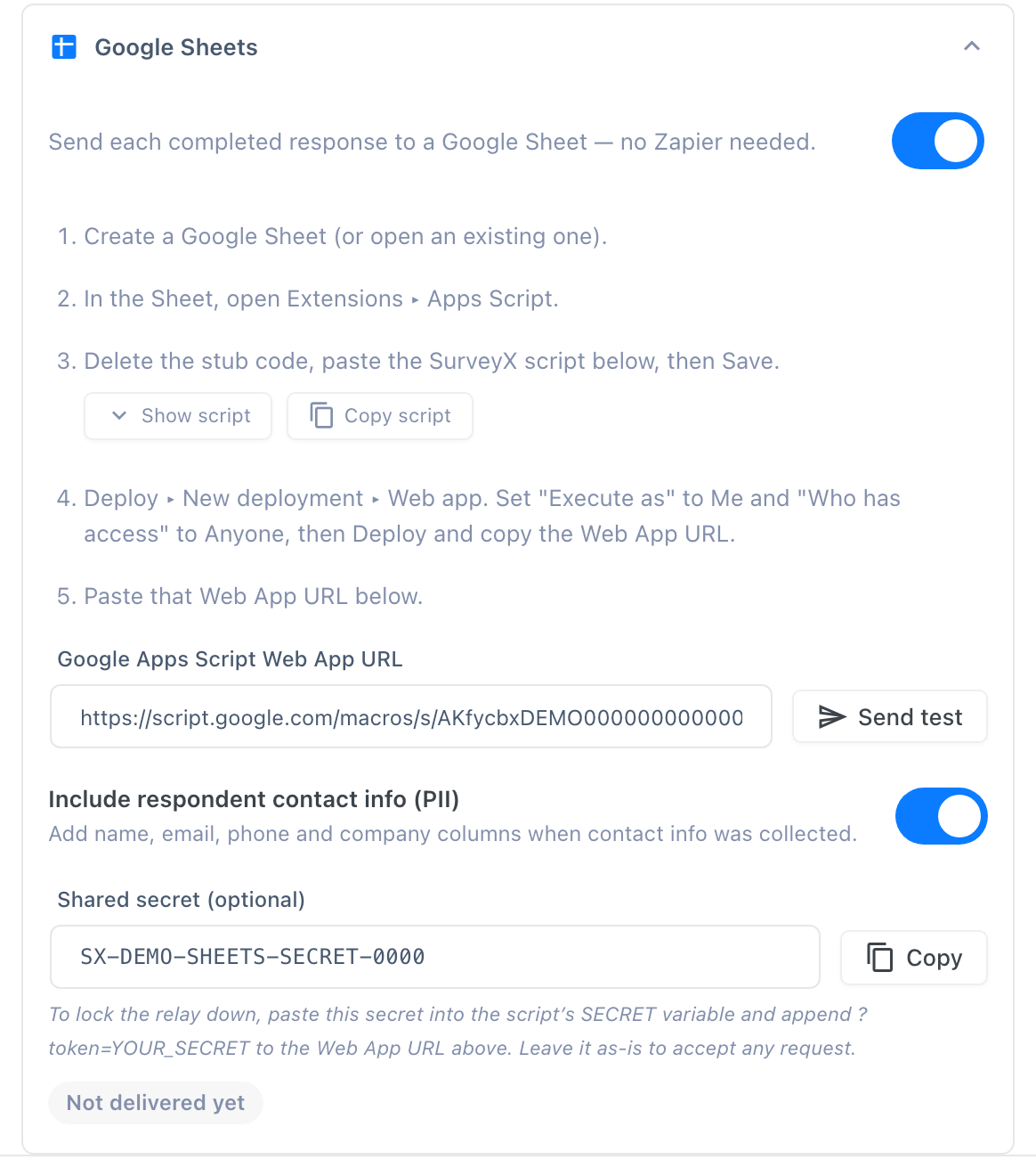 The Google Sheets section of a survey's Integrations card with the setup steps, the Google Apps Script Web App URL field, the Include respondent contact info (PII) toggle, the Send test button, and the Shared secret status