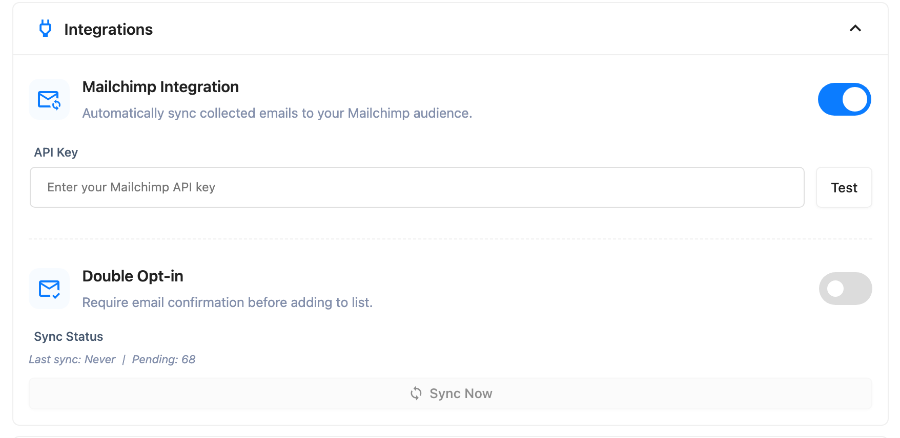 The Mailchimp panel in Settings, showing the integration switch on, the masked API Key field with its Test button, the Double Opt-in toggle, and the Sync Status line above a Sync Now button