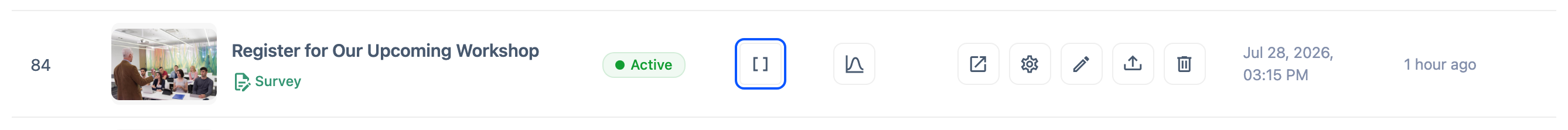 Dashboard Embed column for an Active survey, showing the code-brackets icon that copies the shortcode