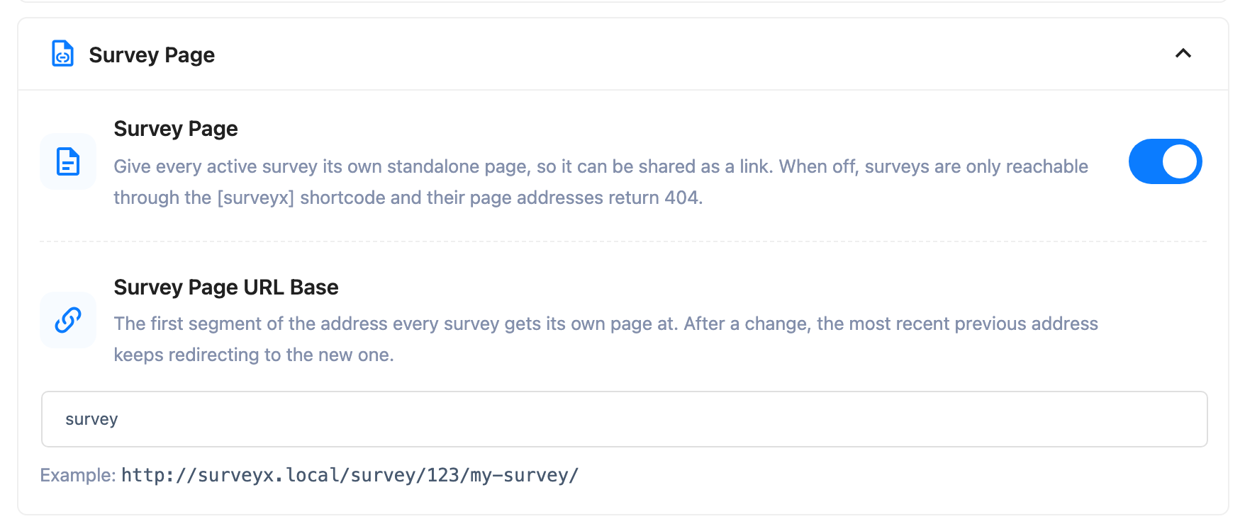 The global Settings screen showing the site-wide survey-page on/off toggle and the URL base field