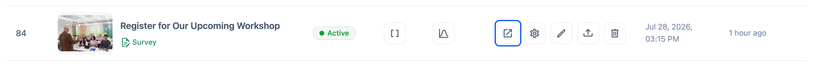 Dashboard Actions column for an Active survey, showing the "View page" action