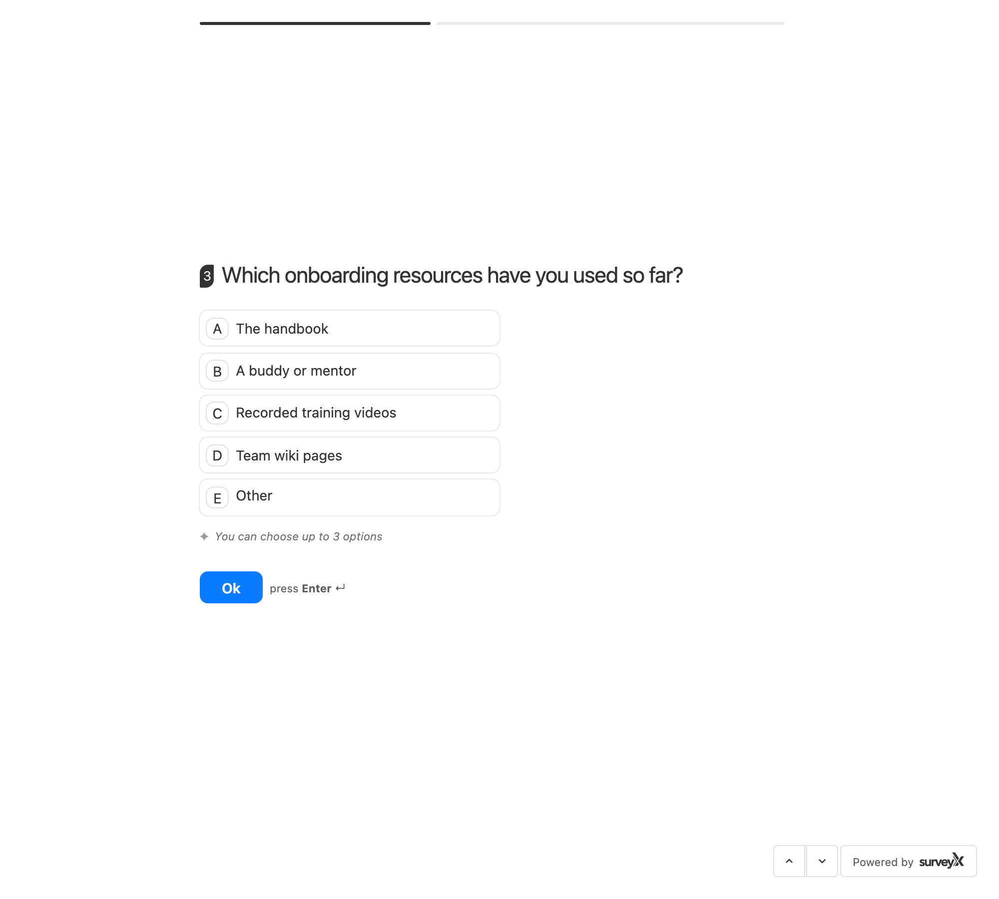 A Checkbox question on the front end with Maximum Choice 3 and Show Other Option on, showing four answers plus an "Other" option and the "You can choose up to 3 options" hint