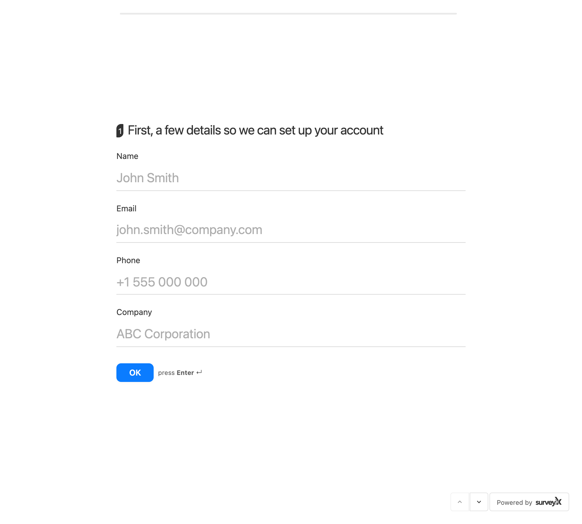 A Contact Info question on the front end with Name, Email, Phone and Company fields all enabled, each showing its label above the input