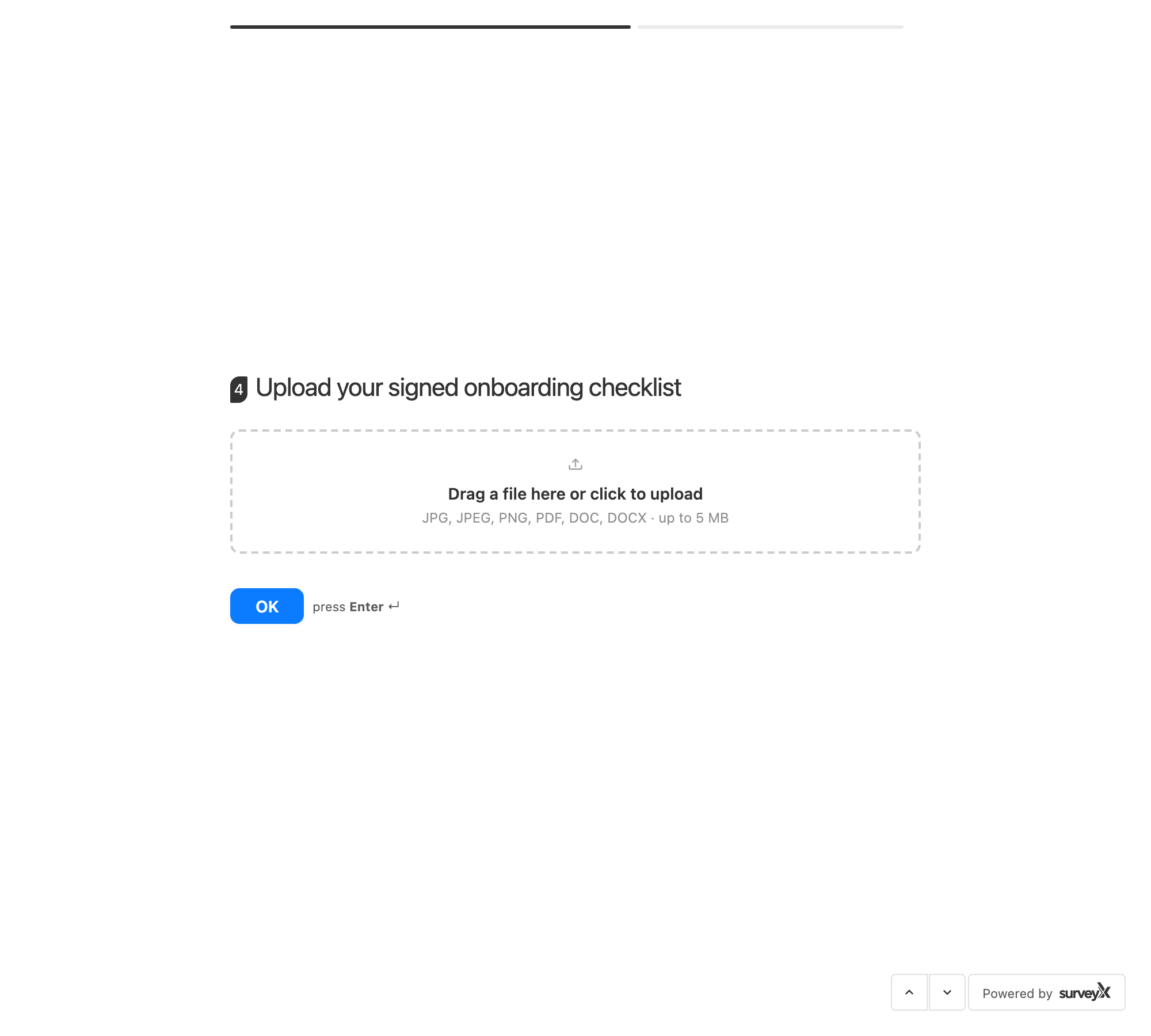 The file-upload question's picker on the front end, showing the drop zone and the accepted-types and maximum-size hint beneath it