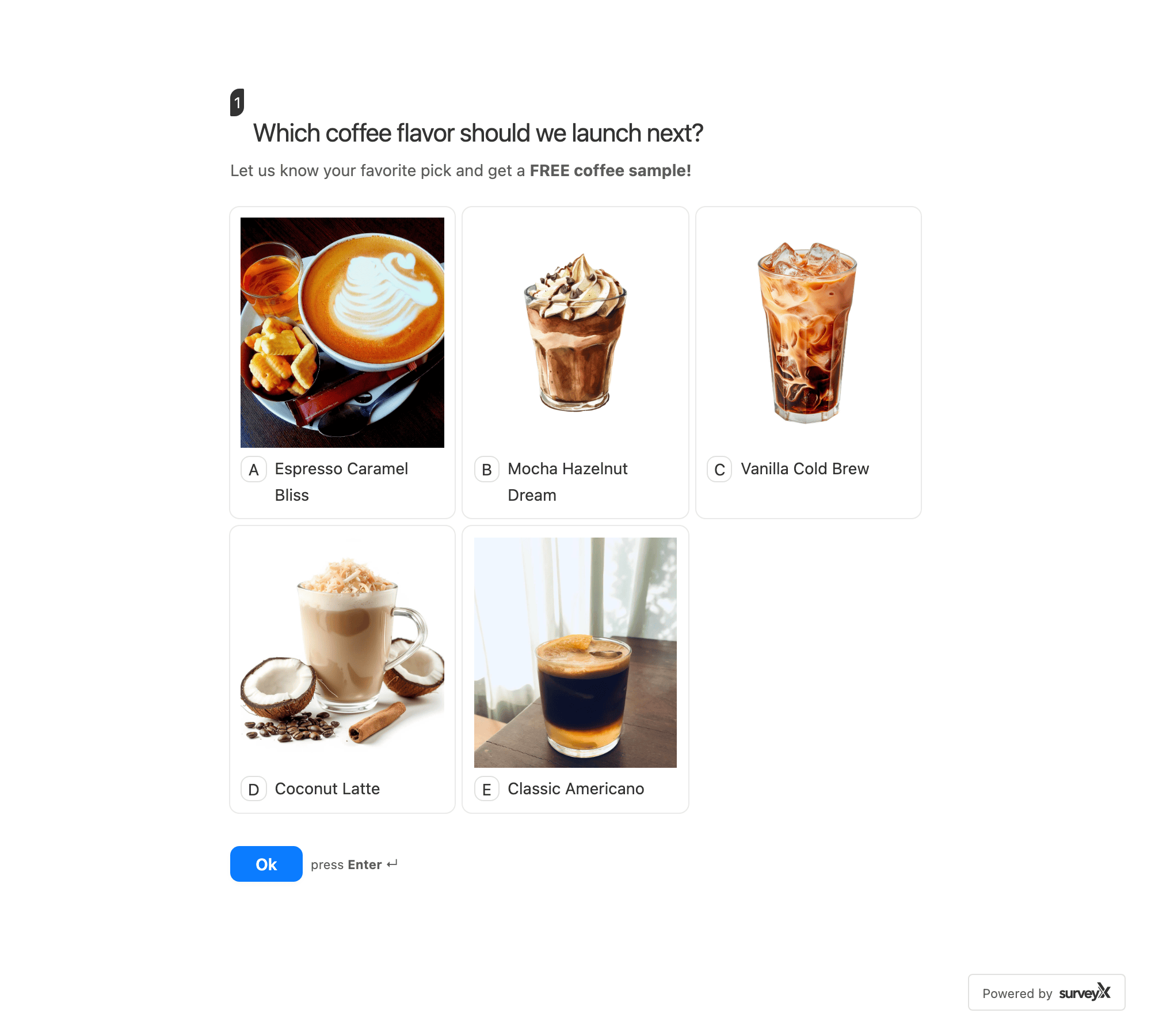 An Image Checkbox question on the front end rendered as a grid of five photo tiles, each with its letter label underneath, one choice allowed