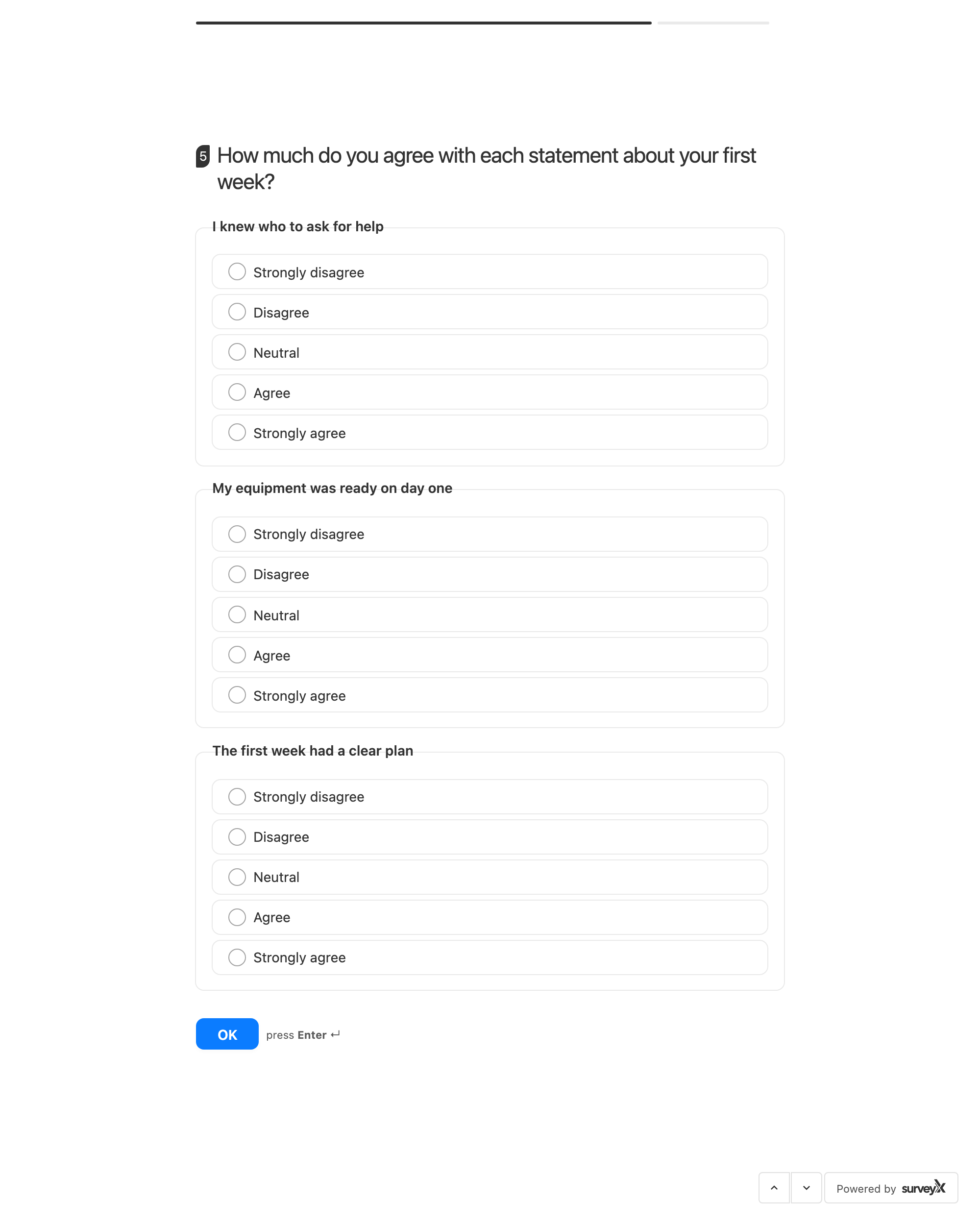 A Matrix / Likert question on the front end at the default 600px width, rendered as one card per statement with the shared scale listed down each card and a radio button per option (Input type: Single)