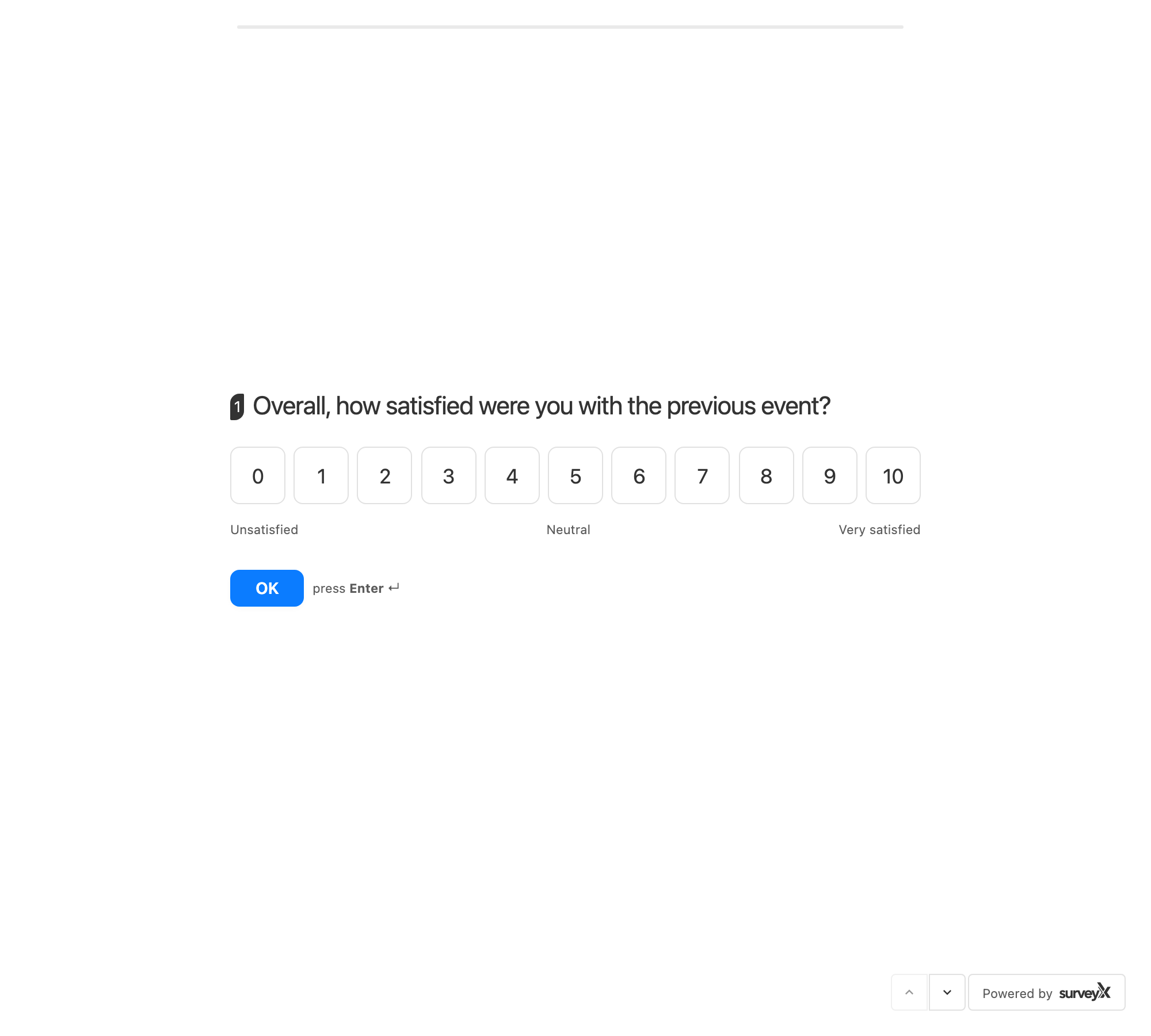An Opinion Scale question on the front end, showing the row of number buttons 0-10 with minimum/middle/maximum text labels underneath
