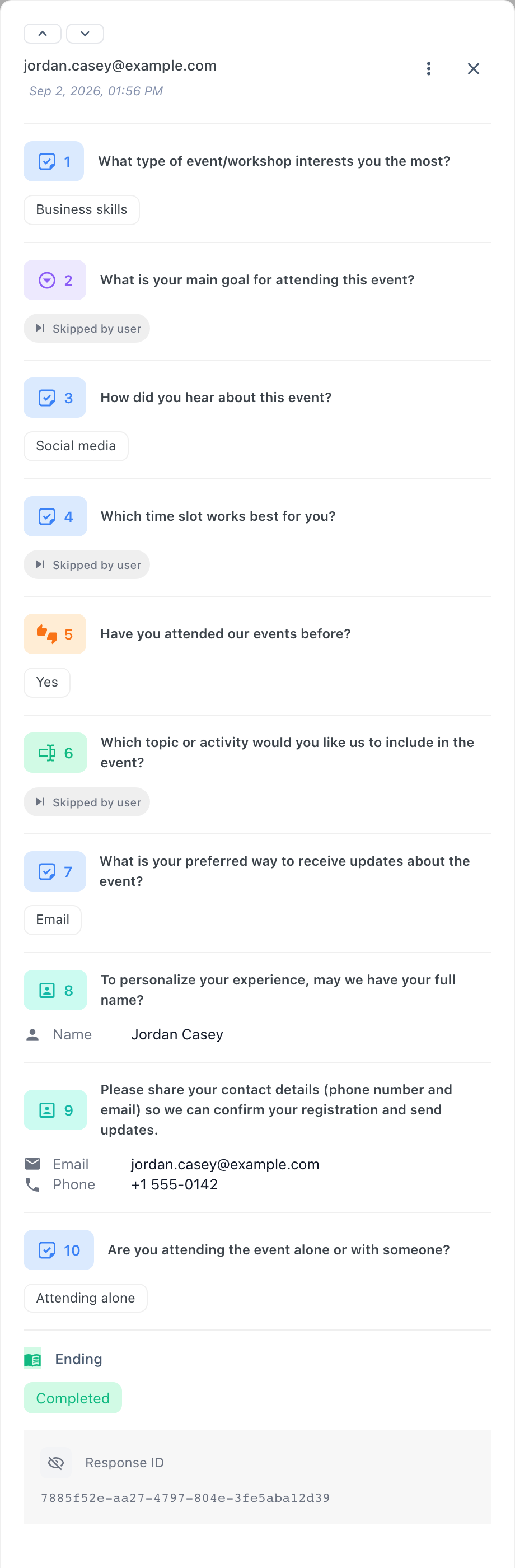 The response drawer for one completed session, showing the respondent's email and submission time at the top, each question's answer, and the full name/email/phone profile captured by the Contact Info question