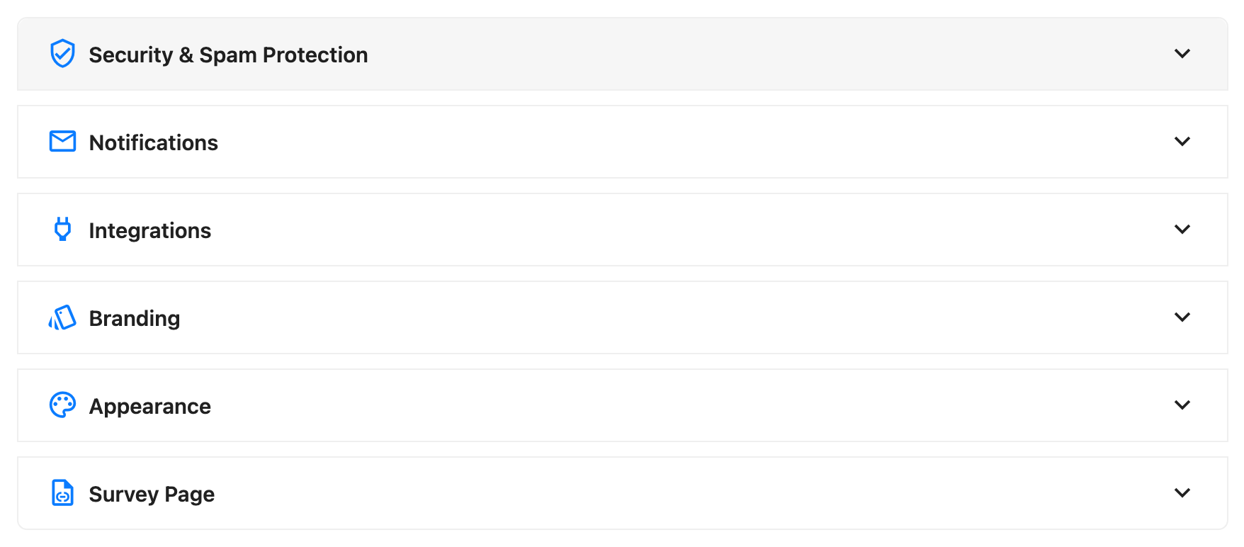 The global Settings screen showing its section list (Security & Spam Protection, Notifications, Integrations, Branding, Appearance, Survey Page) so a reader can see where each group below lives