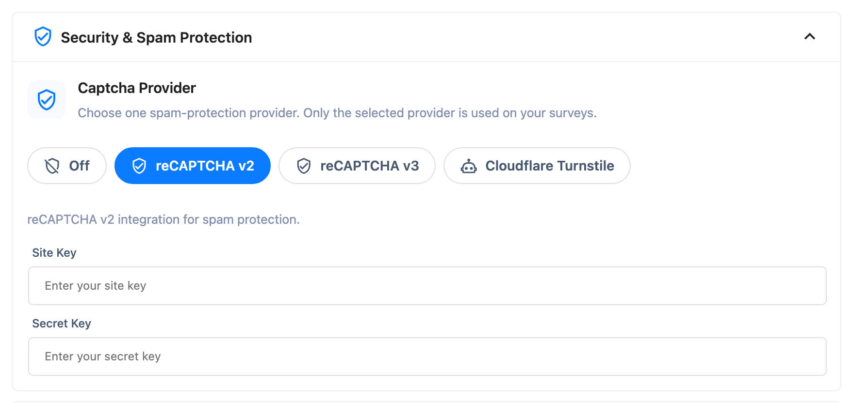 The Security &amp; Spam Protection panel, showing the Captcha Provider dropdown and the Site Key / Secret Key fields for the selected provider