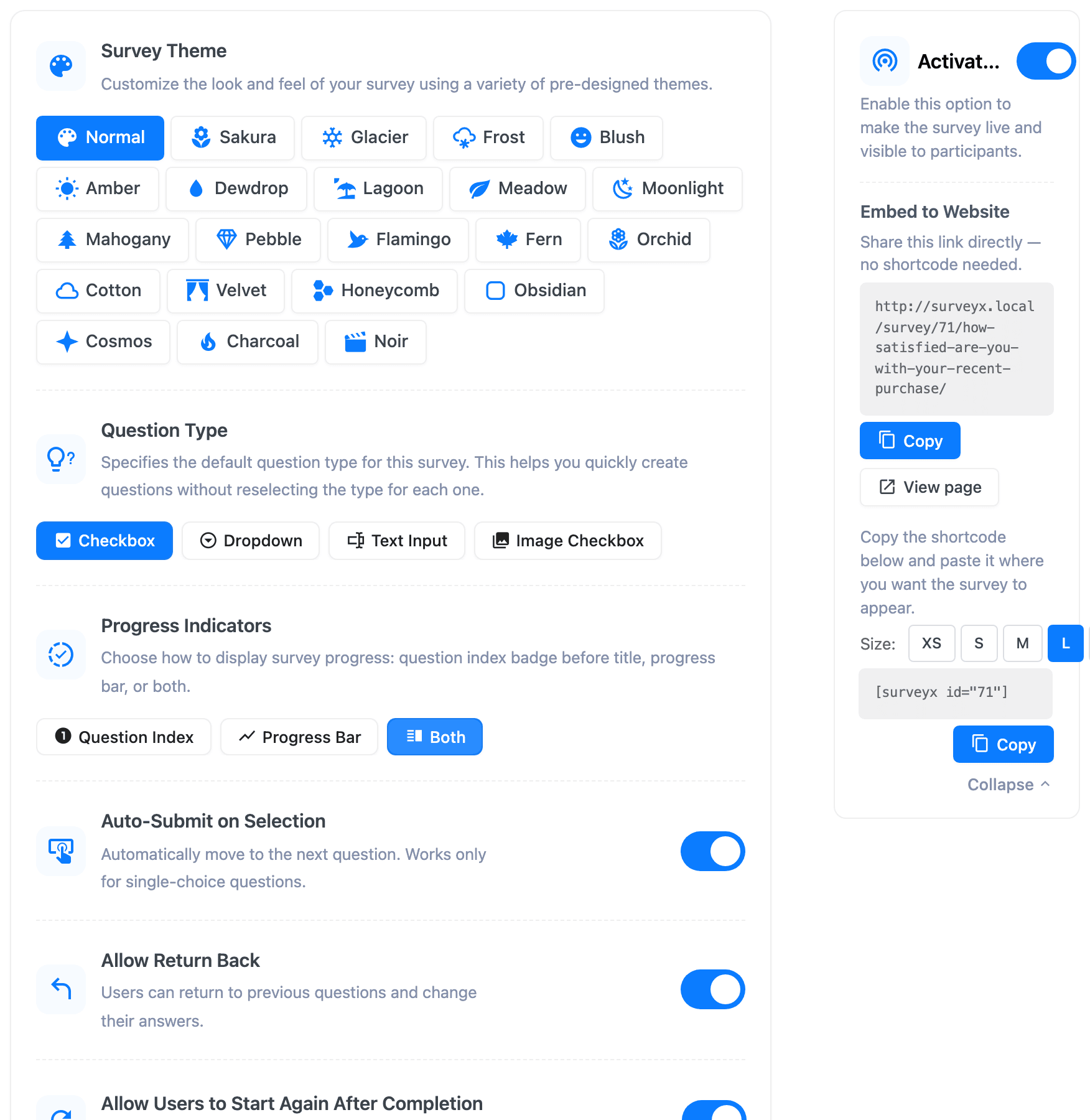 A survey's Editor > General tab, top of the panel, showing the Status/Theme/Survey Page URL Mode area so a reader can see where this whole page lives