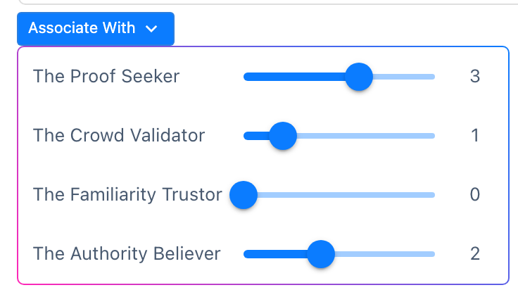 An answer option's Associate With panel open, showing one slider per personality result with this answer's weights set