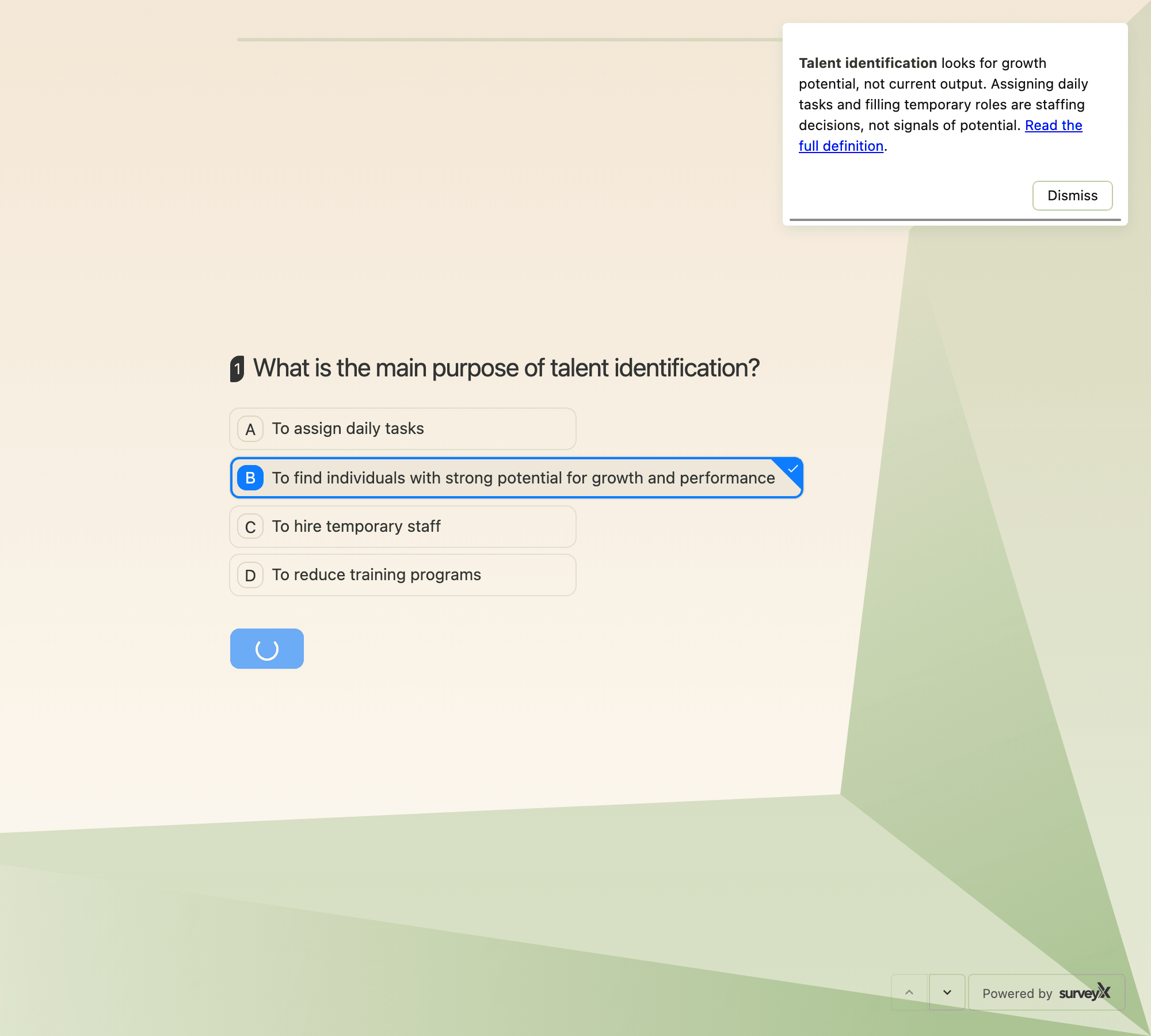 A quiz on the front end just after an answer is submitted, with the author's message showing as a notification carrying a progress bar and a Dismiss button