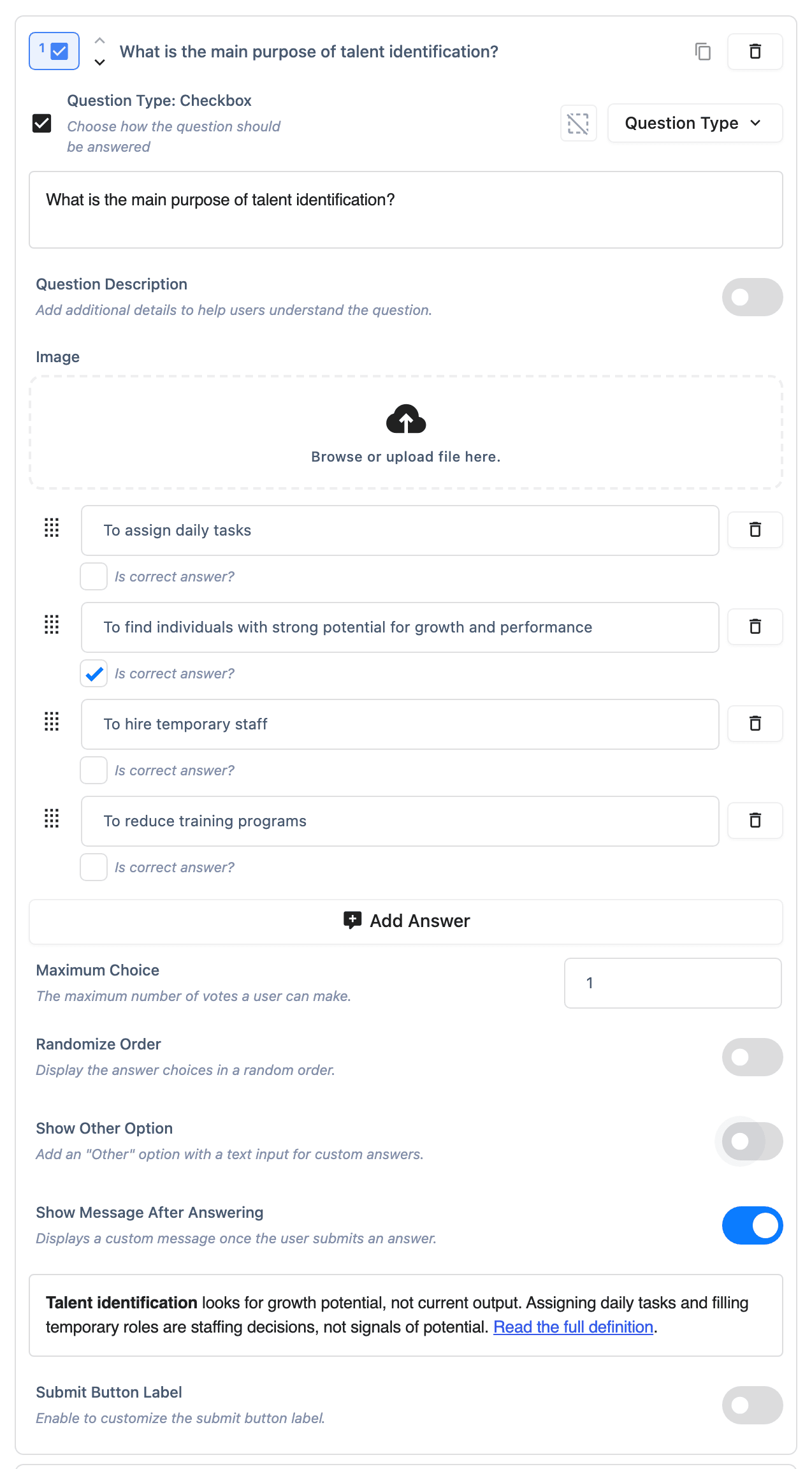 An expanded quiz question in the editor with the Show Message After Answering switch turned on, sitting directly above the Submit Button Label field