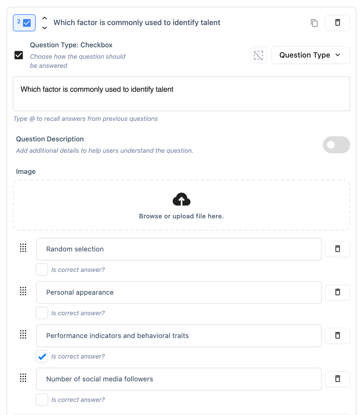 A quiz question in the editor, cropped from its title down to the answer list, where each option carries an Is correct answer? checkbox and one of them is ticked