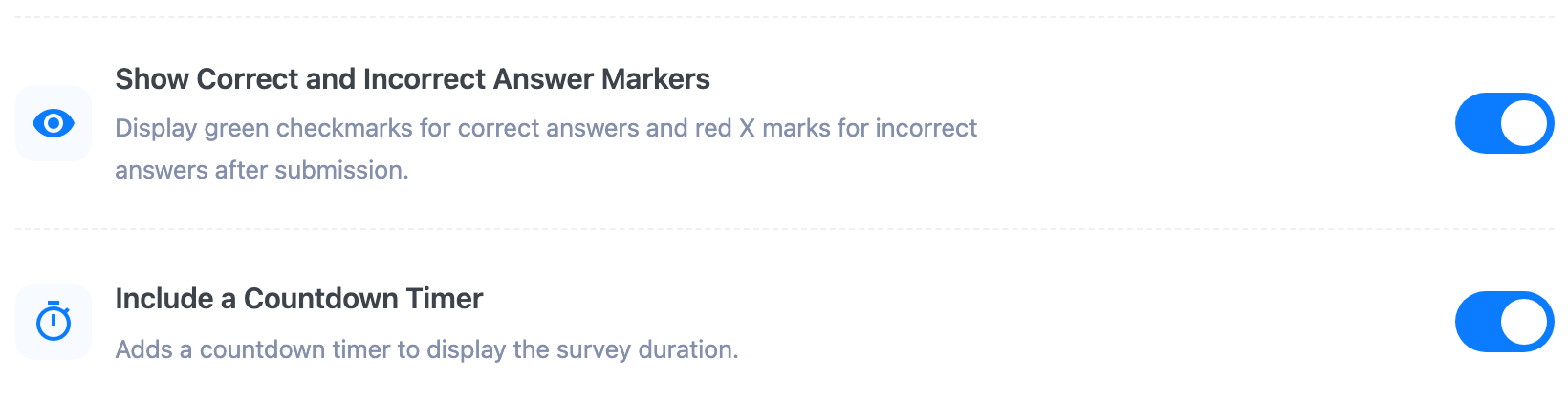 The General tab showing the Show Correct and Incorrect Answer Markers and Include a Countdown Timer toggles